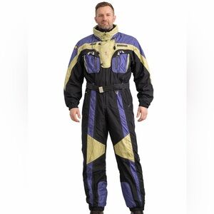 Descente Vintage Ski Suit Black Silver Purple Mens XL One Piece Snowsuit